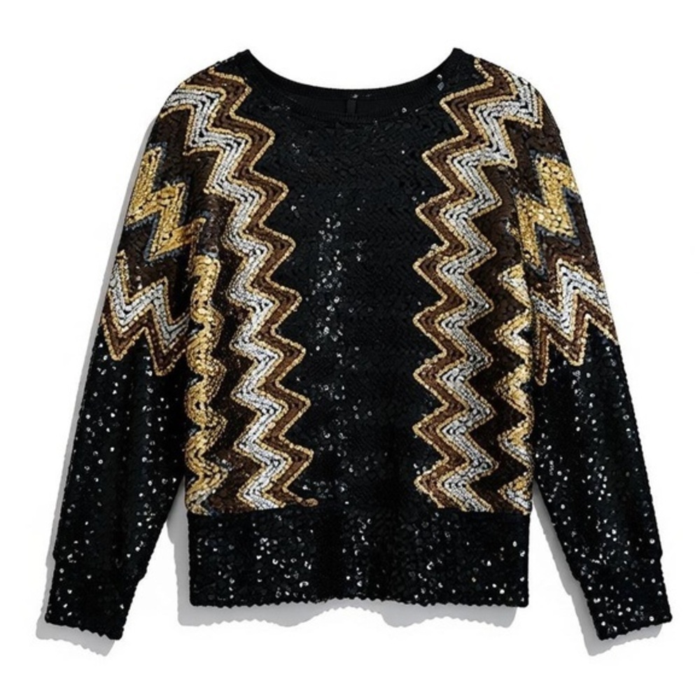 Vintage Reversible Sequin Zigzag Knit Sweater Black Gold Silver Est Size L